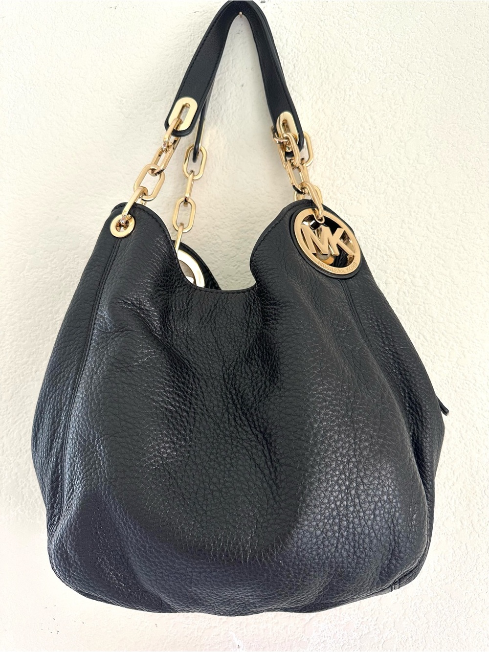 Michael Kors Fulton Large Black Pebbled Leather Shoulder Tote Bag Gold Hardware - Picture 3 of 9